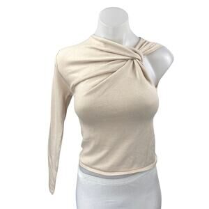Zara Women's Cream Beige Twist Front One Shoulder Long Sleeve Knit Crop Top Sz S